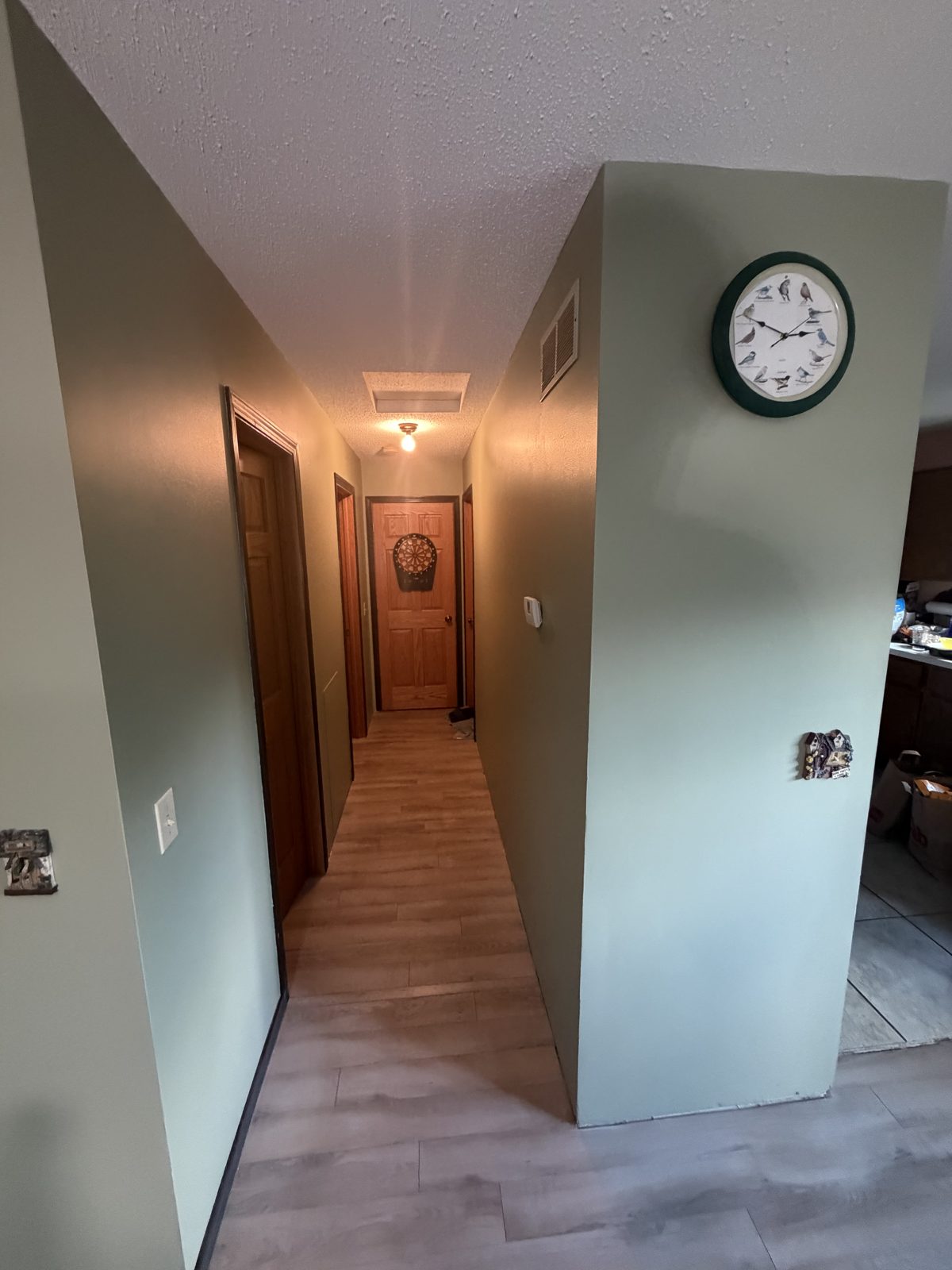 Narrow hallway painted sage green with textured white ceiling and stained wood doors