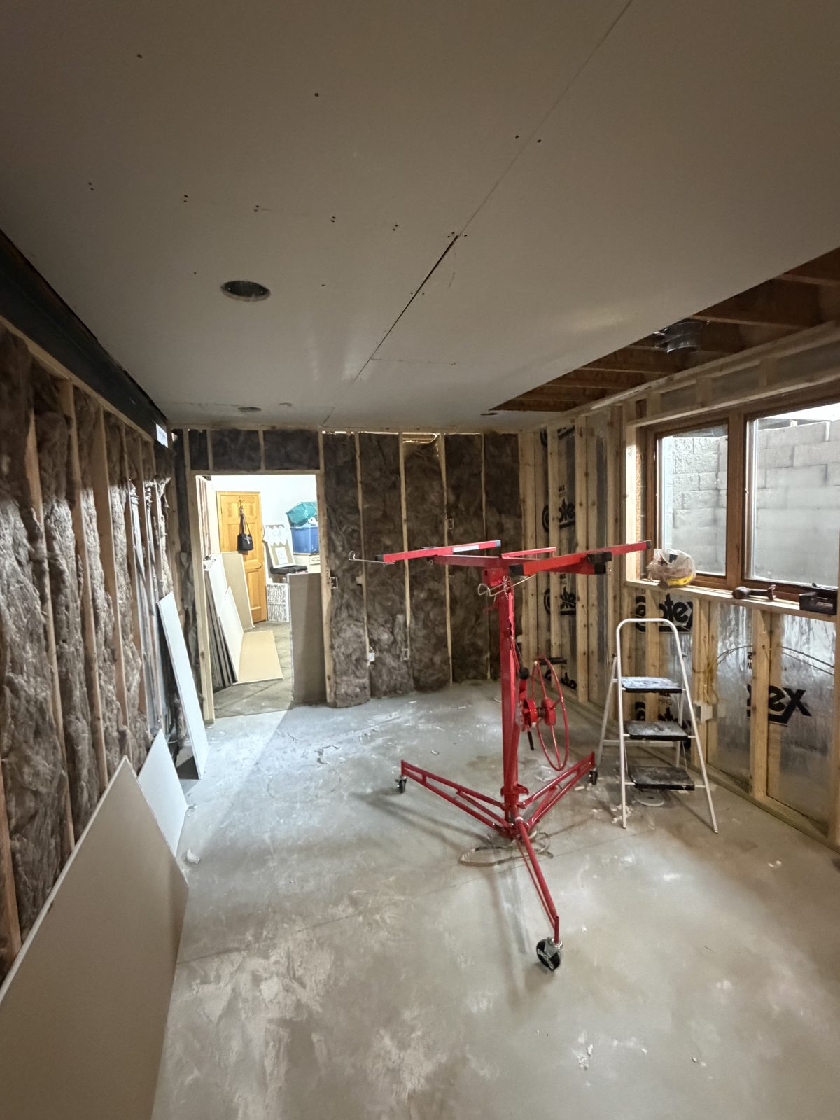 Unfinished basement with open stud walls, insulation and a drywall lift in place