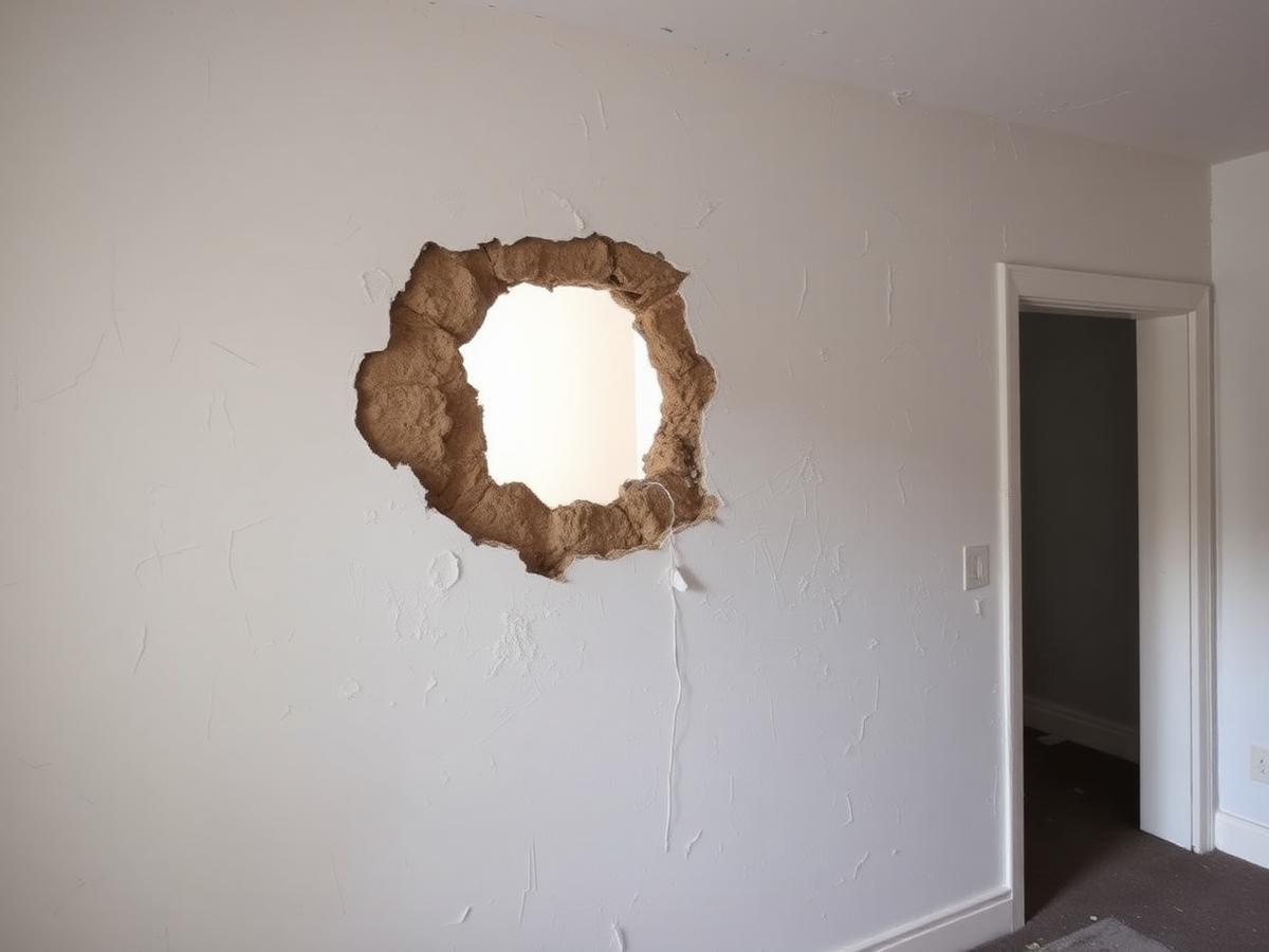 Wall with a large hole in the drywall before repair