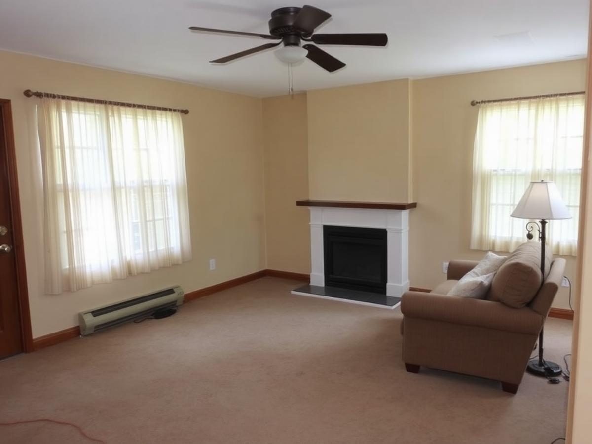 Dated living room with worn beige walls before painting